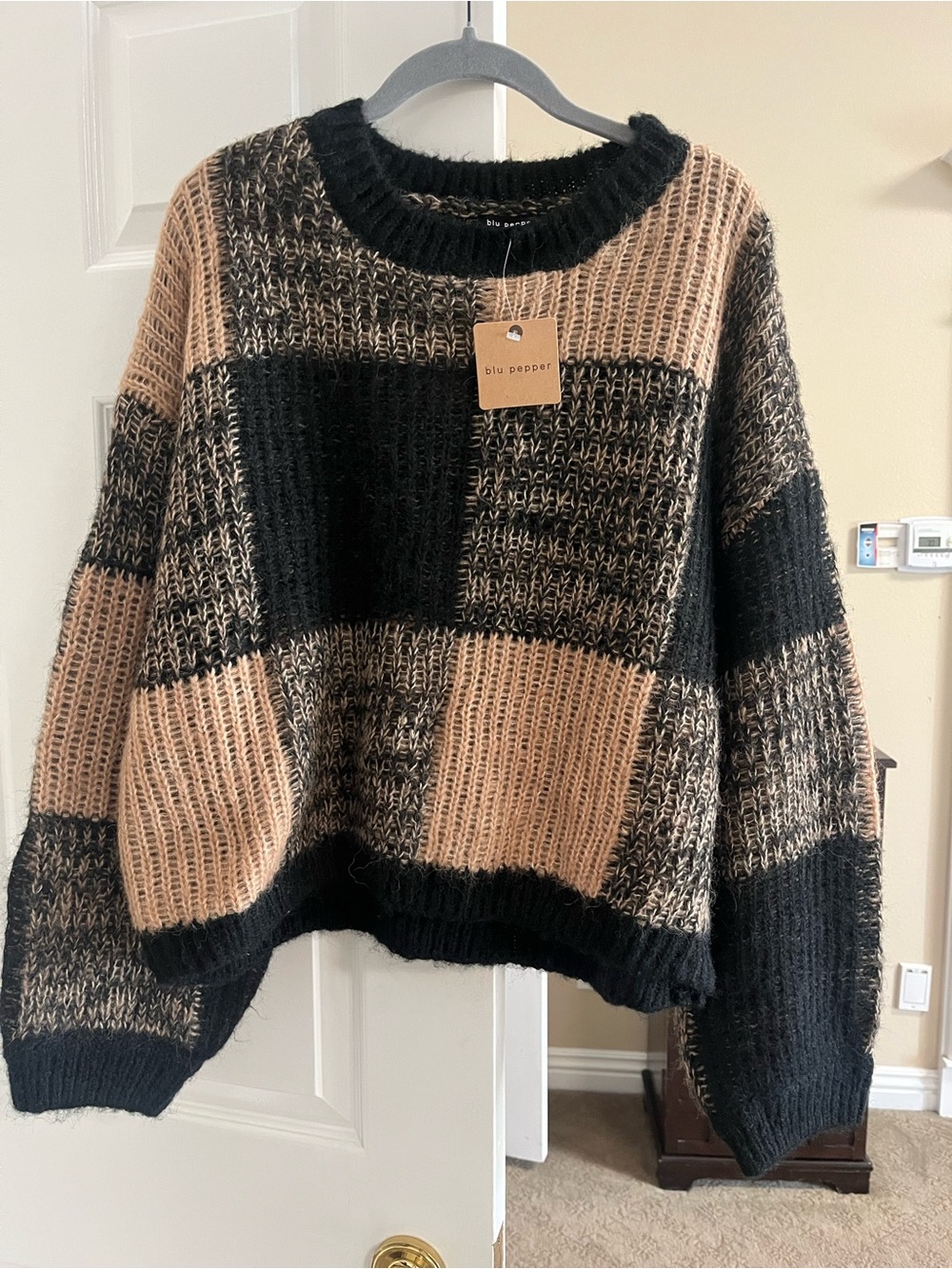Blu Pepper Black and Tan Block Knit Crewneck Sweater
